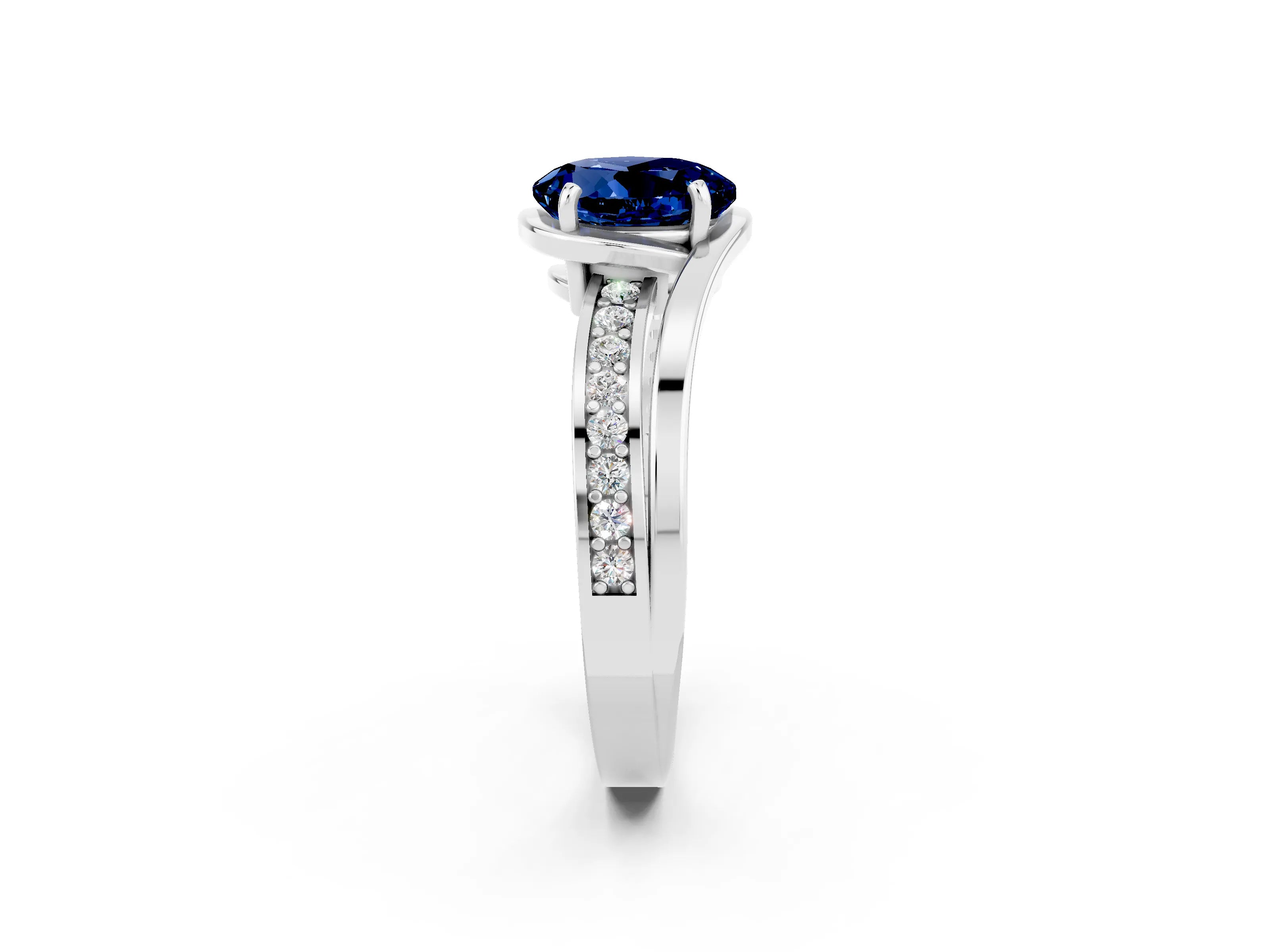 White gold Round Cut Blue Sapphire Solitaire Ring with Split Shank and Prong Setting_2