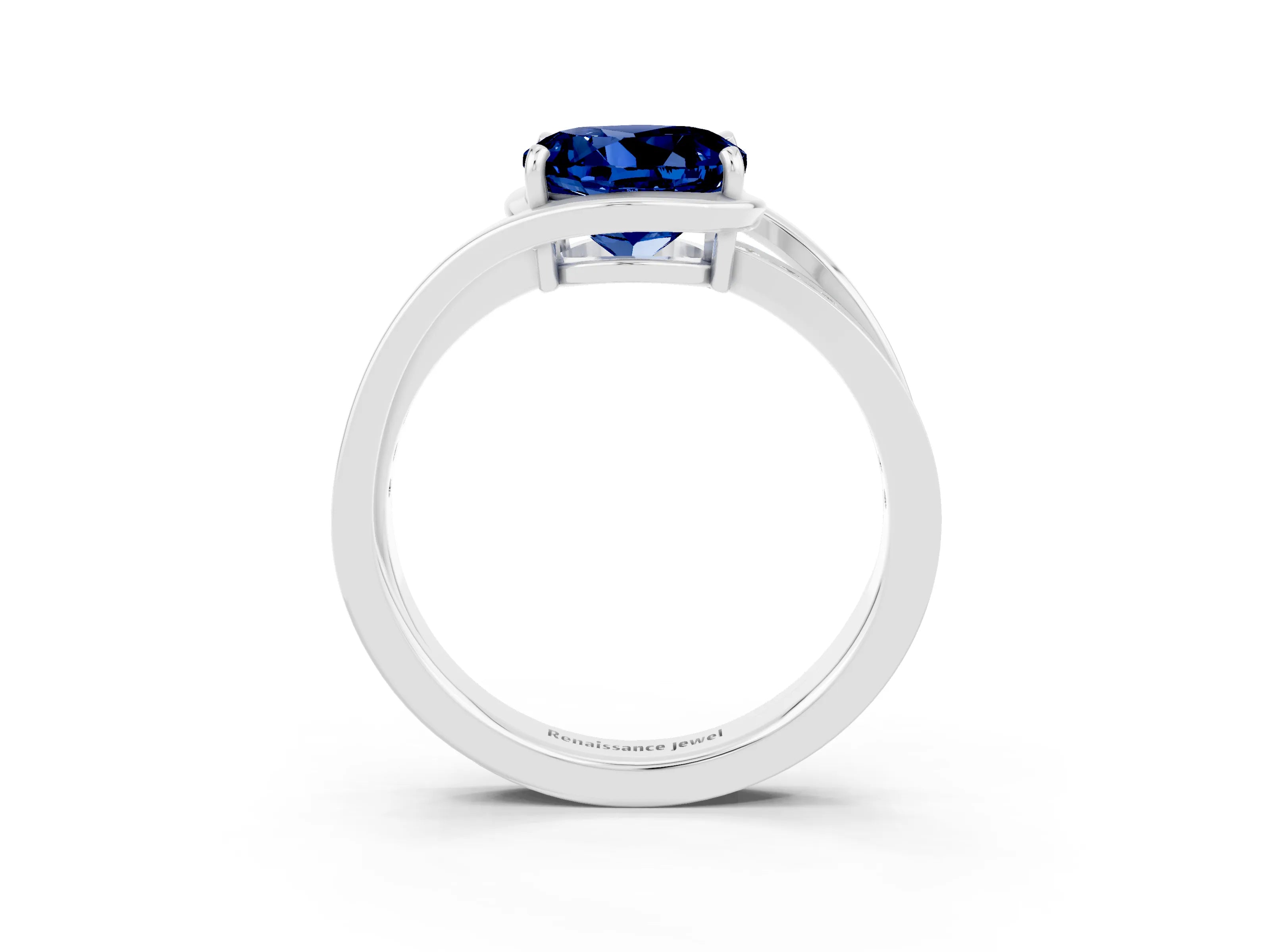 White gold Round Cut Blue Sapphire Solitaire Ring with Split Shank and Prong Setting_3