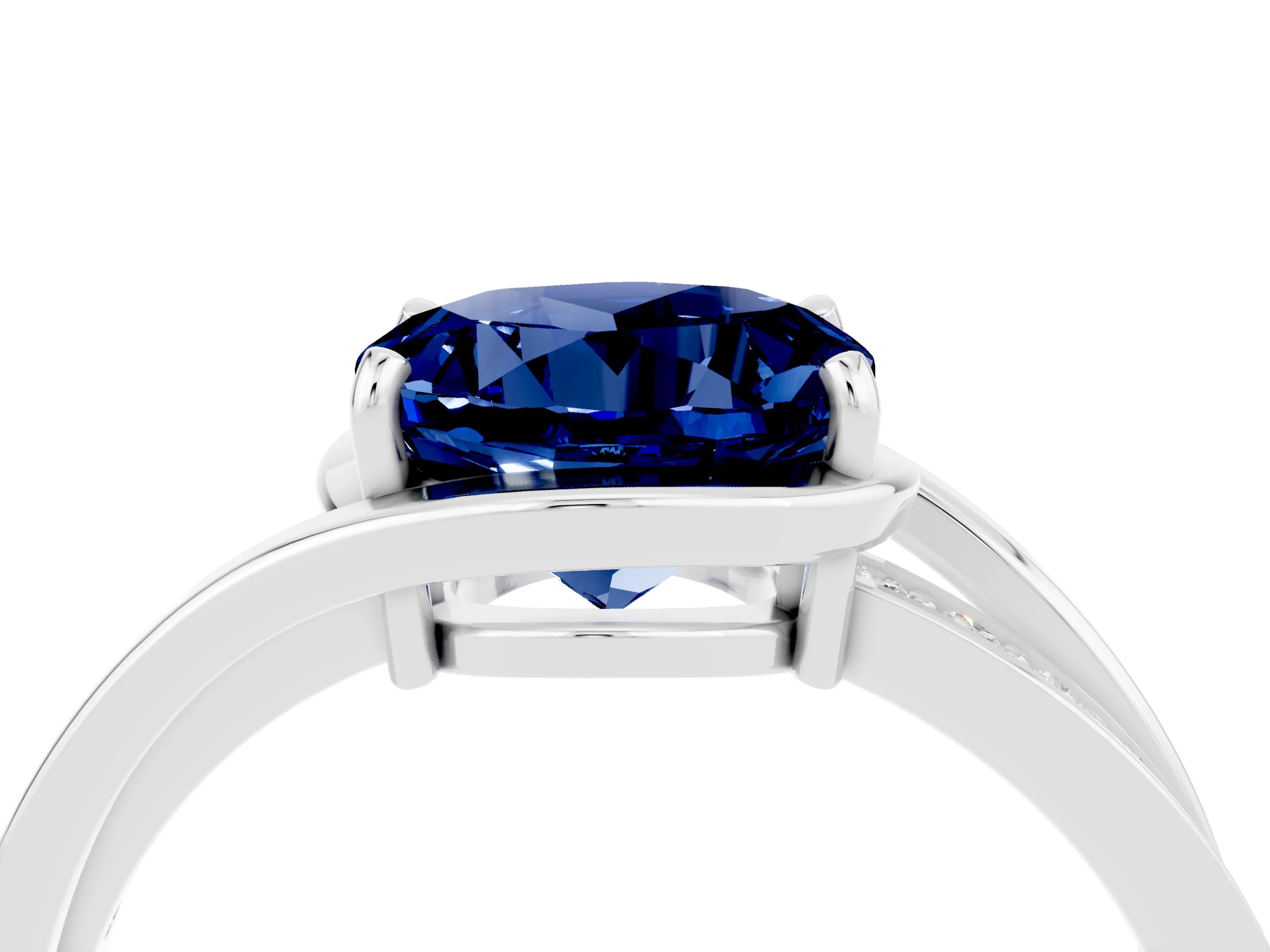 White gold Round Cut Blue Sapphire Solitaire Ring with Split Shank and Prong Setting_4