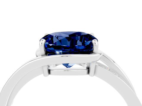 White gold Round Cut Blue Sapphire Solitaire Ring with Split Shank and Prong Setting_4