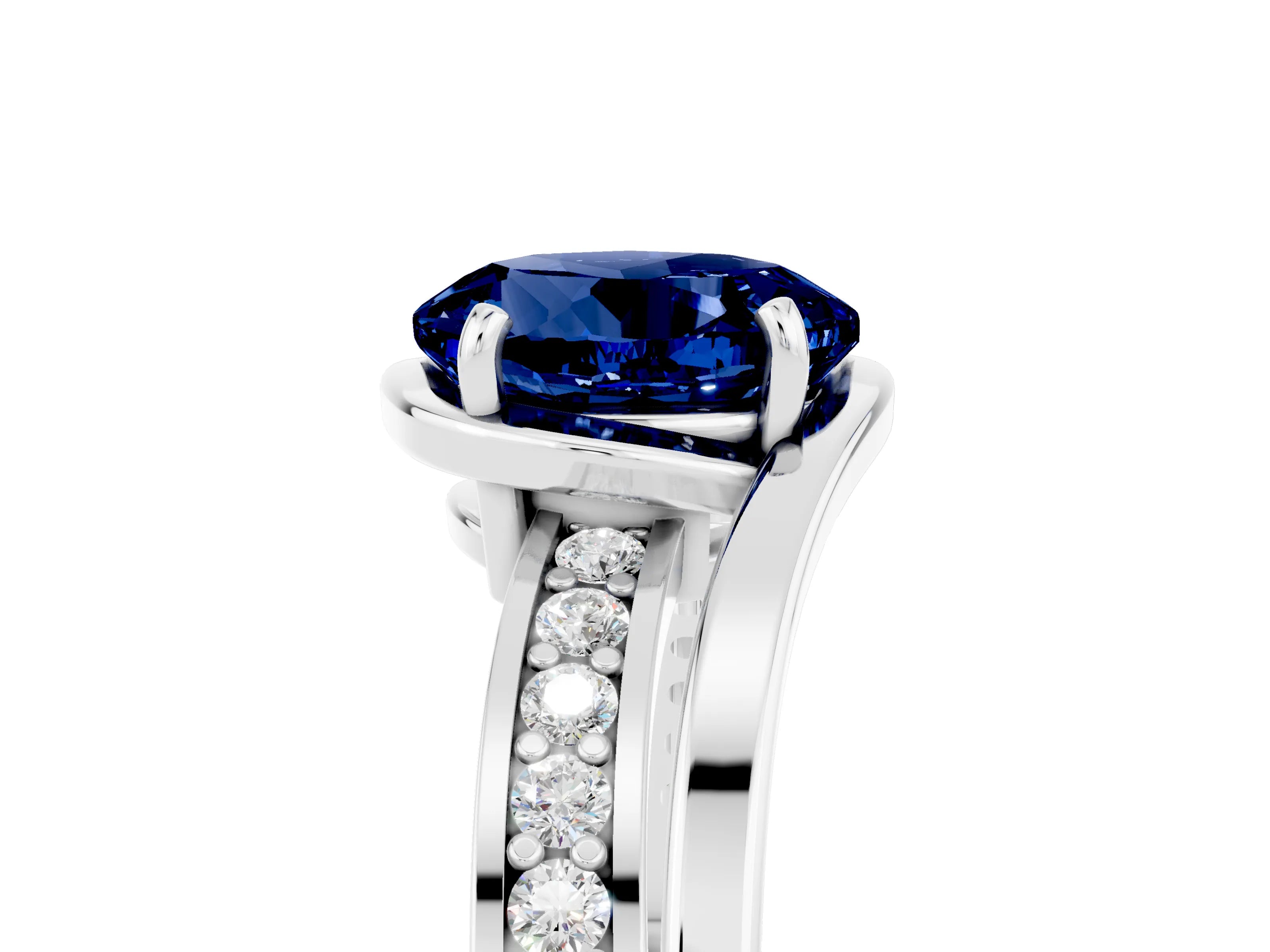 White gold Round Cut Blue Sapphire Solitaire Ring with Split Shank and Prong Setting_5