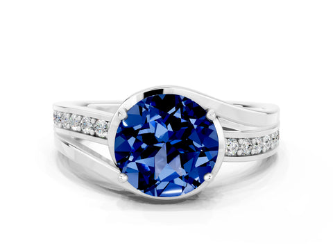 White gold Round Cut Blue Sapphire Solitaire Ring with Split Shank and Prong Setting