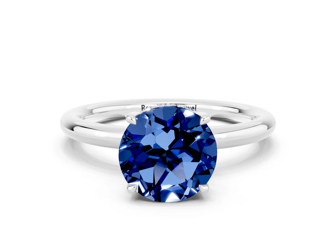 White gold Round Cut Blue Sapphire Solitaire Ring with Thin Band and Four-Prong Setting_12