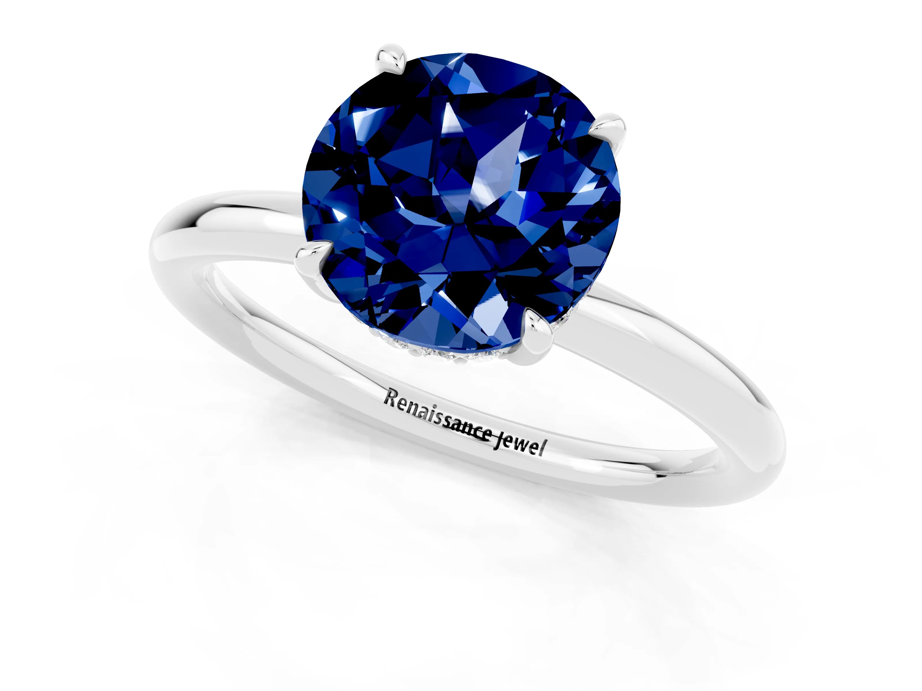 White gold Round Cut Blue Sapphire Solitaire Ring with Thin Band and Four-Prong Setting_13