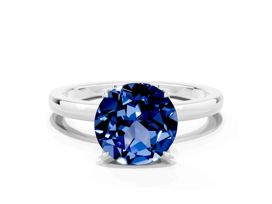White gold Round Cut Blue Sapphire Solitaire Ring with Thin Band and Prong Setting_12