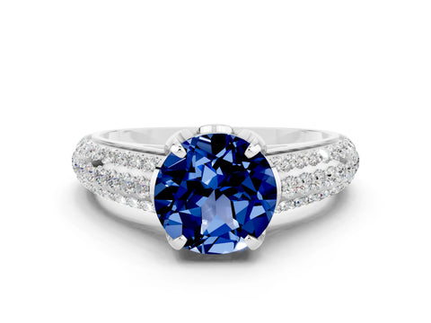 White gold Round Cut Blue Sapphire Solitaire Ring with Three-Row Pavé Band and Four-Prong Setting_12