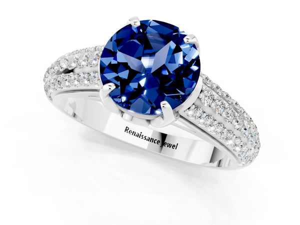 White gold Round Cut Blue Sapphire Solitaire Ring with Three-Row Pavé Band and Four-Prong Setting