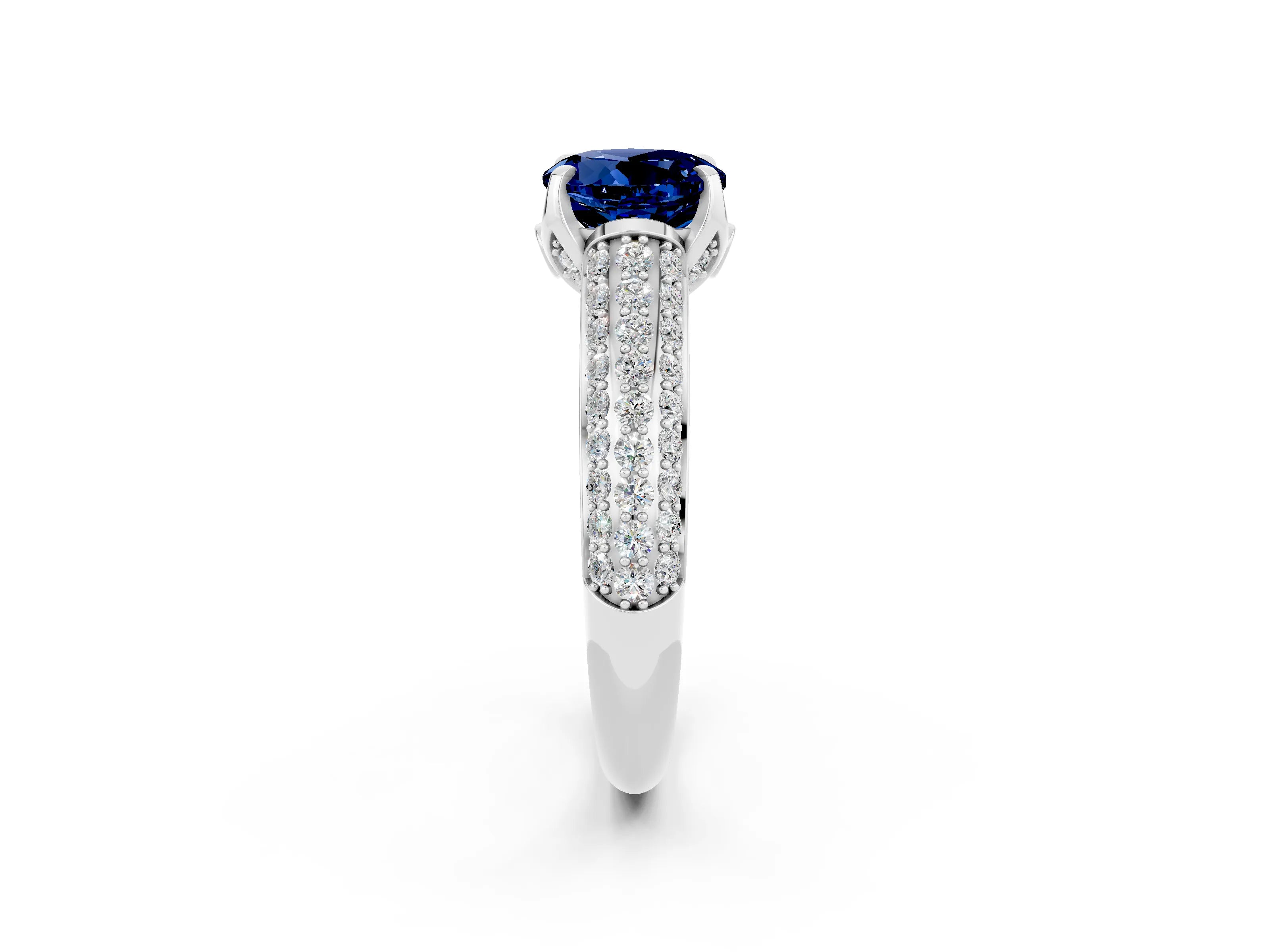 White gold Round Cut Blue Sapphire Solitaire Ring with Three-Row Pavé Band and Four-Prong Setting_14
