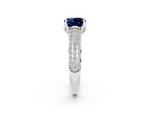 White gold Round Cut Blue Sapphire Solitaire Ring with Three-Row Pavé Band and Four-Prong Setting_14