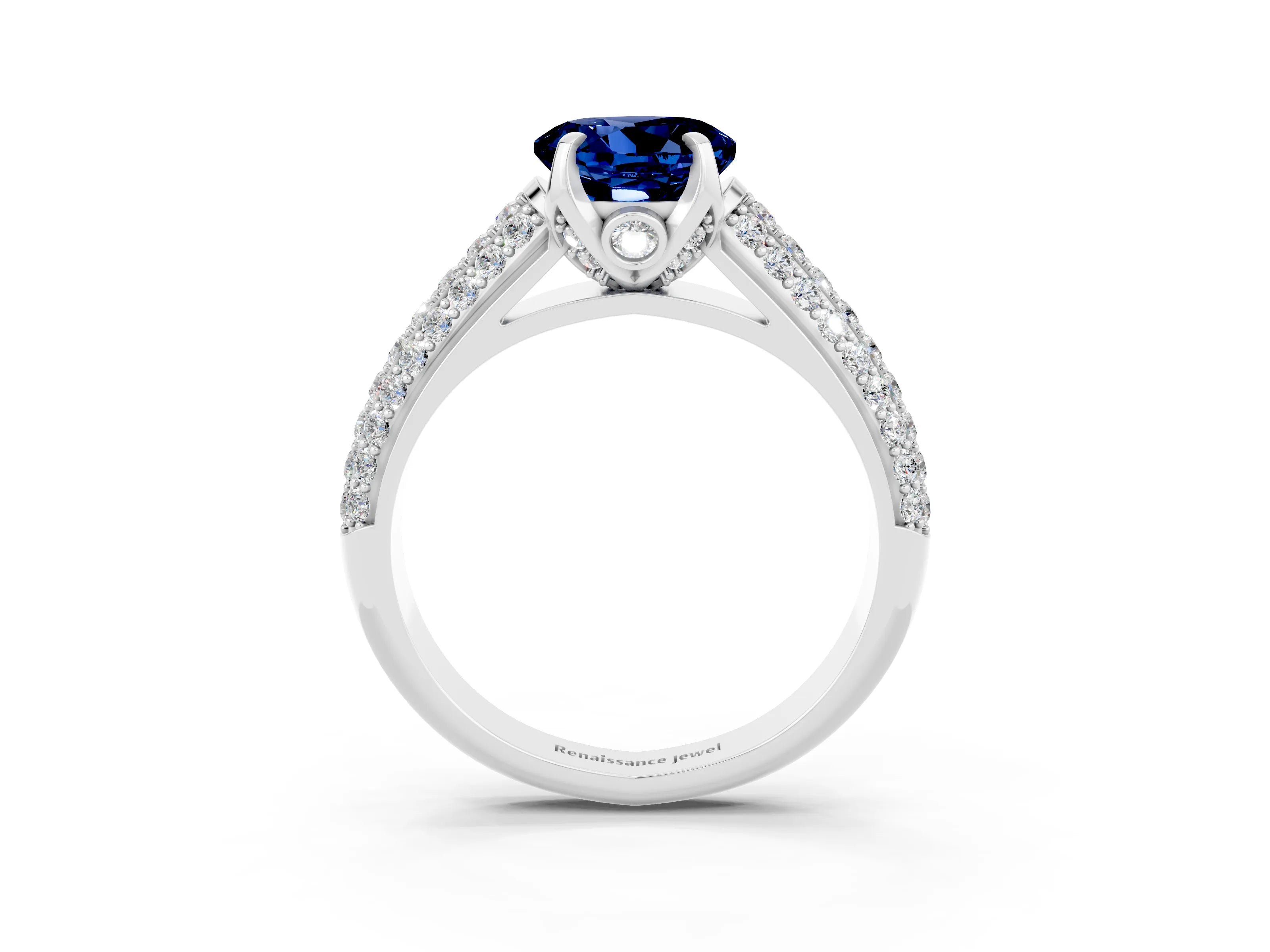 White gold Round Cut Blue Sapphire Solitaire Ring with Three-Row Pavé Band and Four-Prong Setting_15