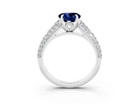 White gold Round Cut Blue Sapphire Solitaire Ring with Three-Row Pavé Band and Four-Prong Setting_15