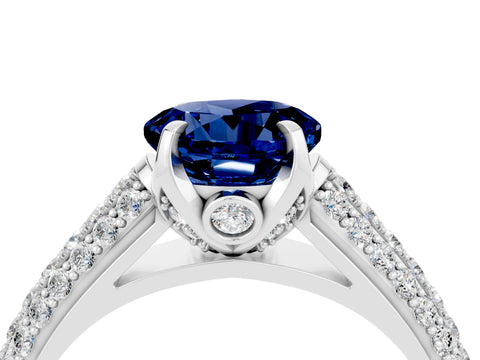 White gold Round Cut Blue Sapphire Solitaire Ring with Three-Row Pavé Band and Four-Prong Setting_16