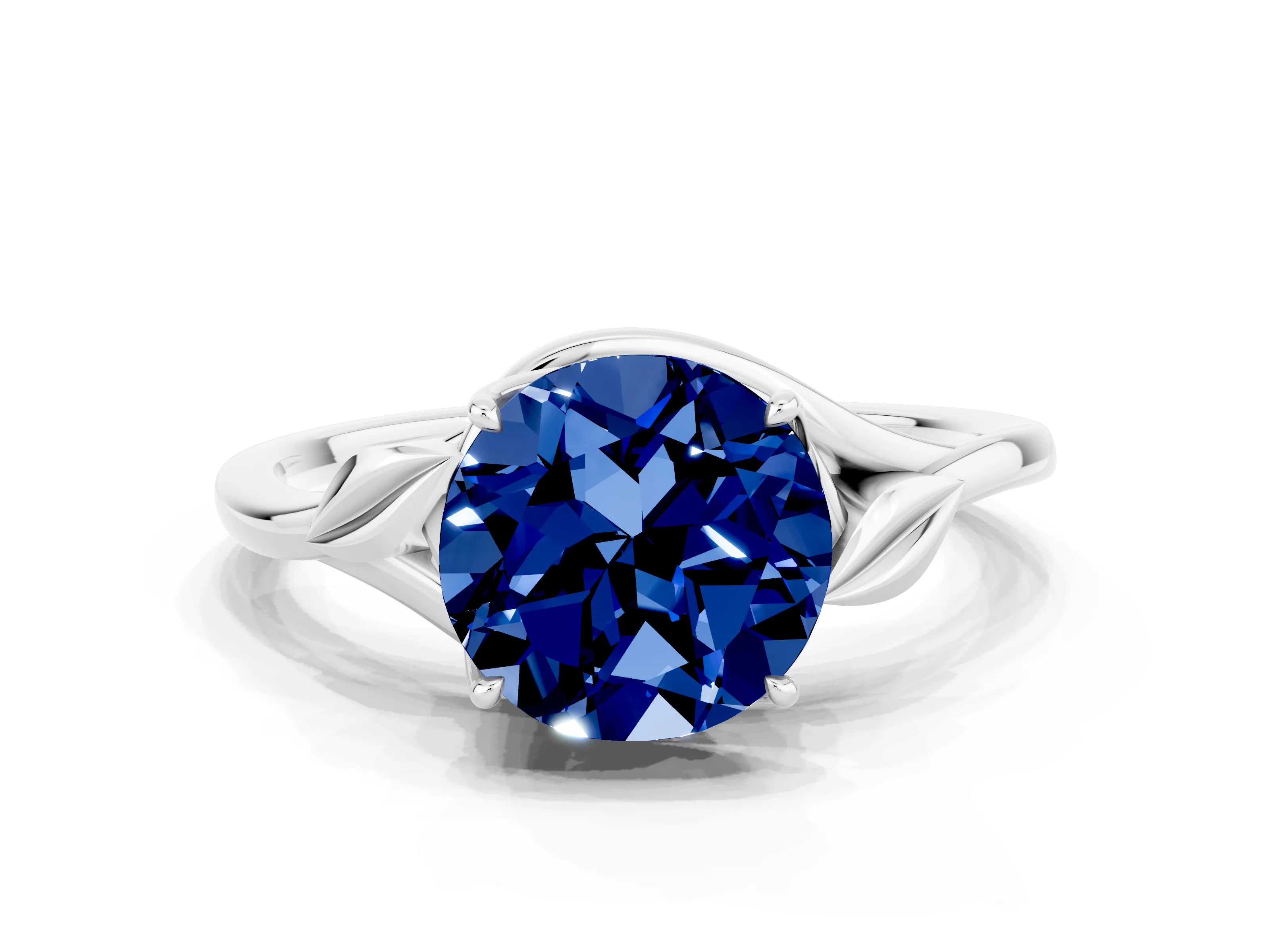 White gold Round Cut Blue Sapphire Solitaire Ring with Twist Band and Four-Prong Setting_12