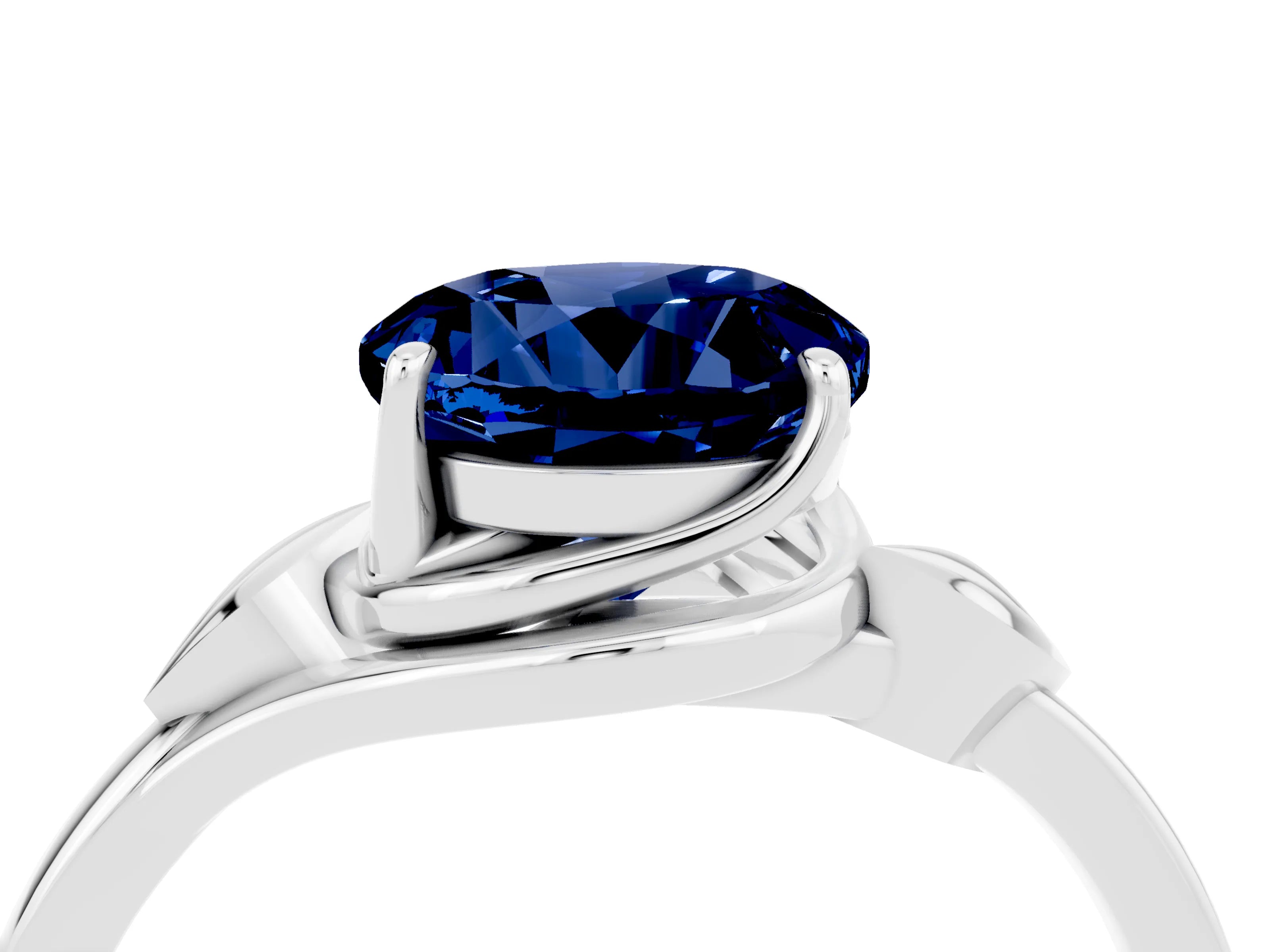White gold Round Cut Blue Sapphire Solitaire Ring with Twist Band and Four-Prong Setting_16