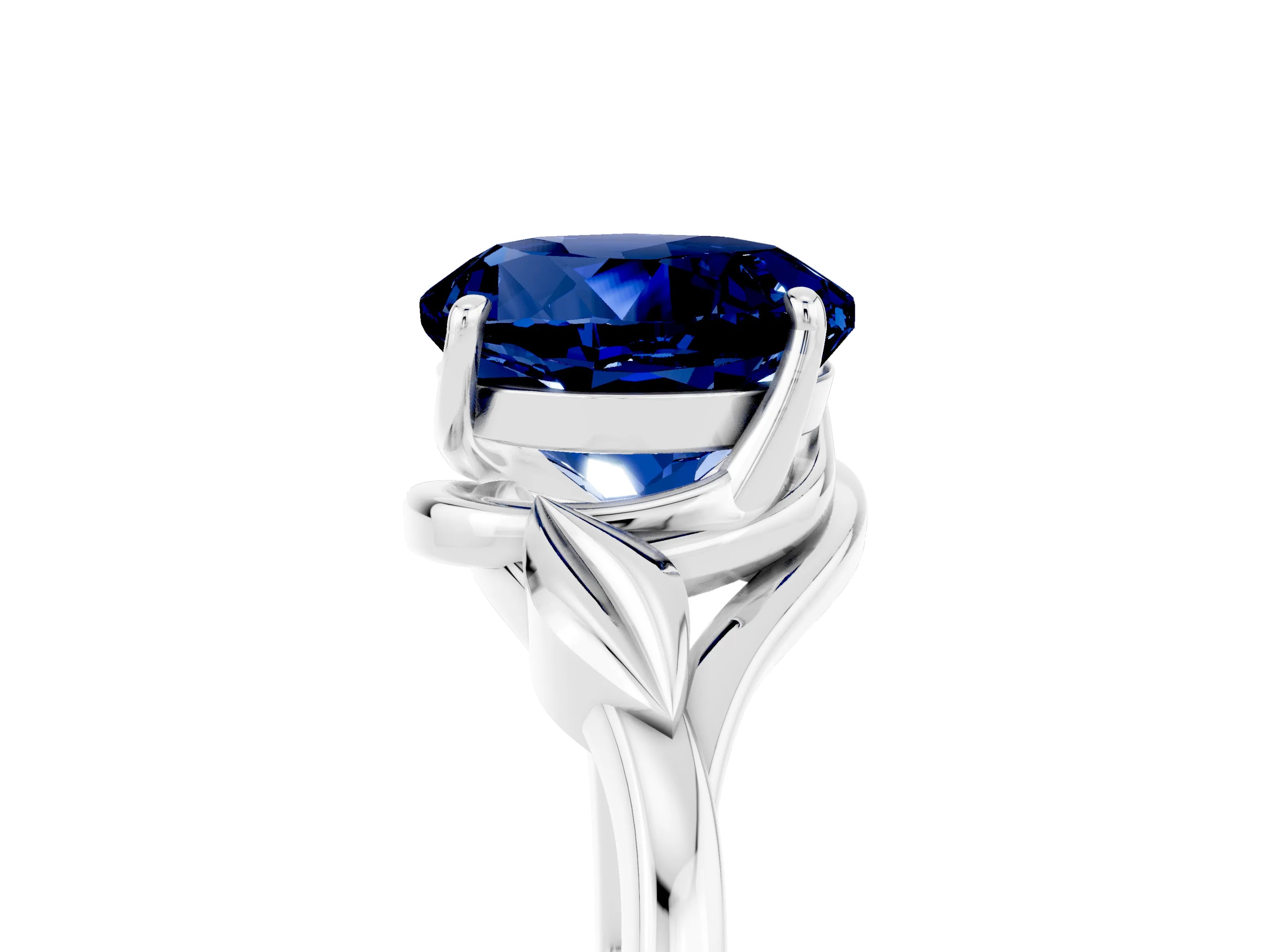 White gold Round Cut Blue Sapphire Solitaire Ring with Twist Band and Four-Prong Setting_17
