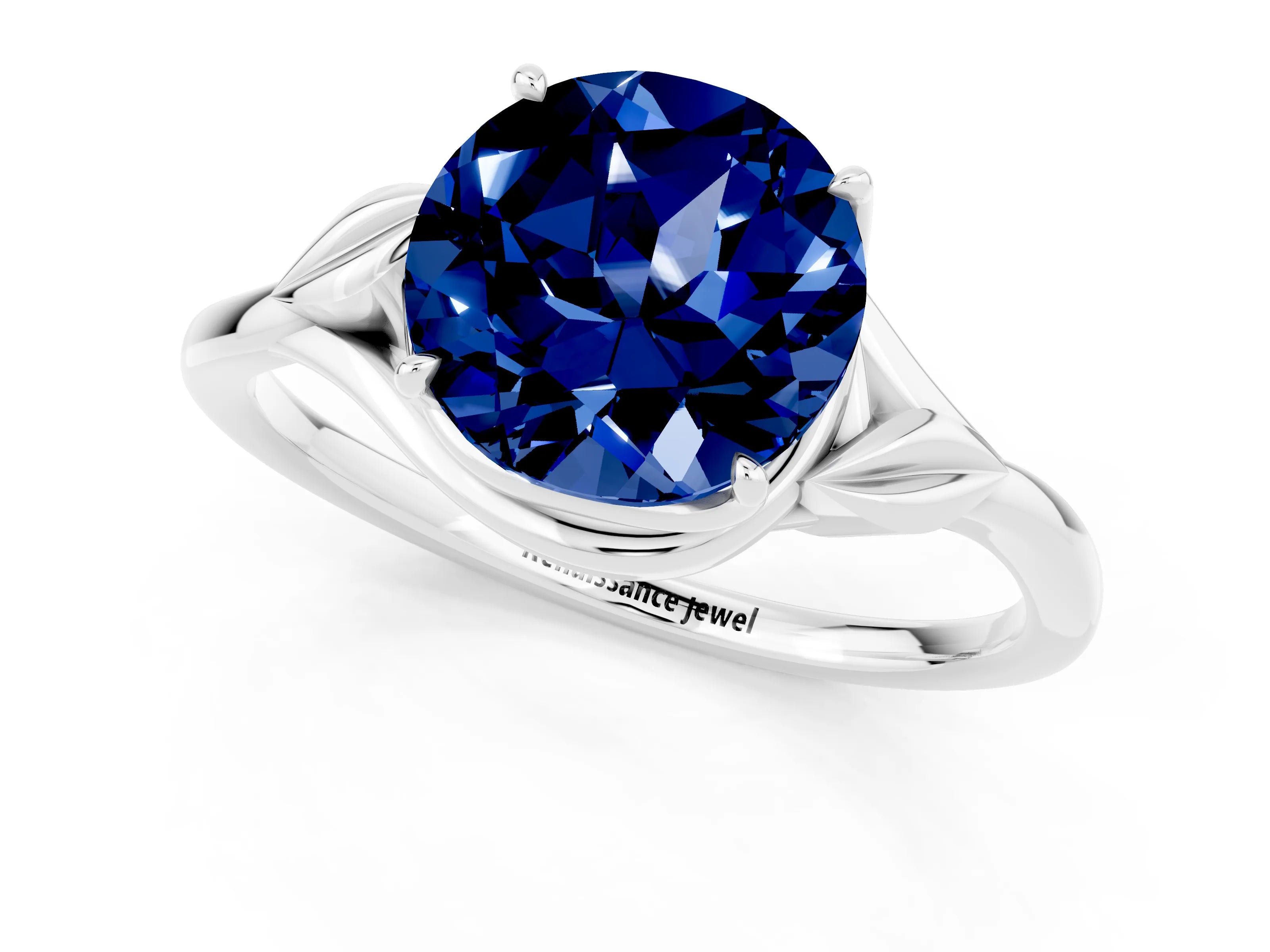 White gold Round Cut Blue Sapphire Solitaire Ring with Twist Band and Four-Prong Setting_37