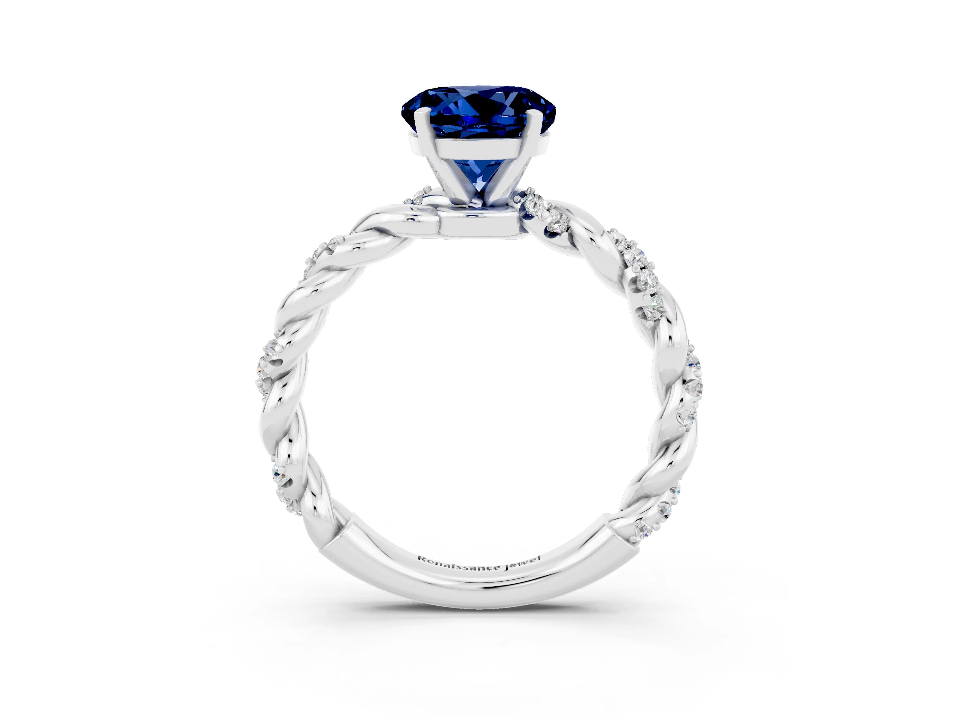 White gold Round Cut Blue Sapphire Solitaire Ring with Twisted Band and Pavé Accents_3