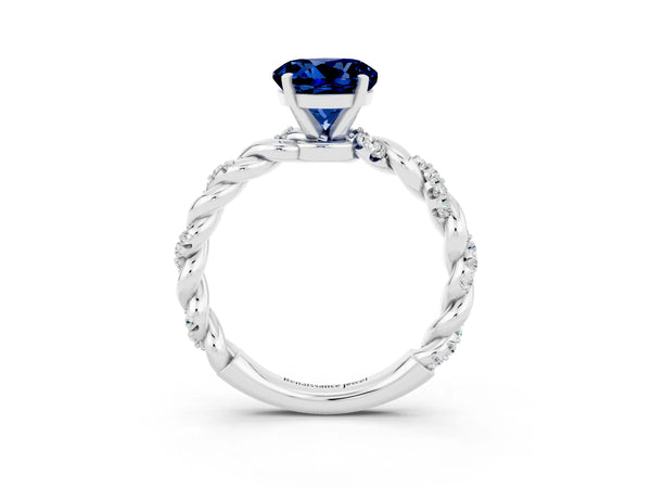 White gold Round Cut Blue Sapphire Solitaire Ring with Twisted Band and Pavé Accents