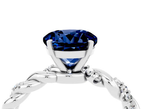 White gold Round Cut Blue Sapphire Solitaire Ring with Twisted Band and Pavé Accents_4