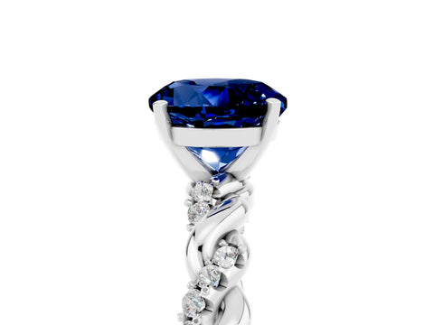 White gold Round Cut Blue Sapphire Solitaire Ring with Twisted Band and Pavé Accents_5