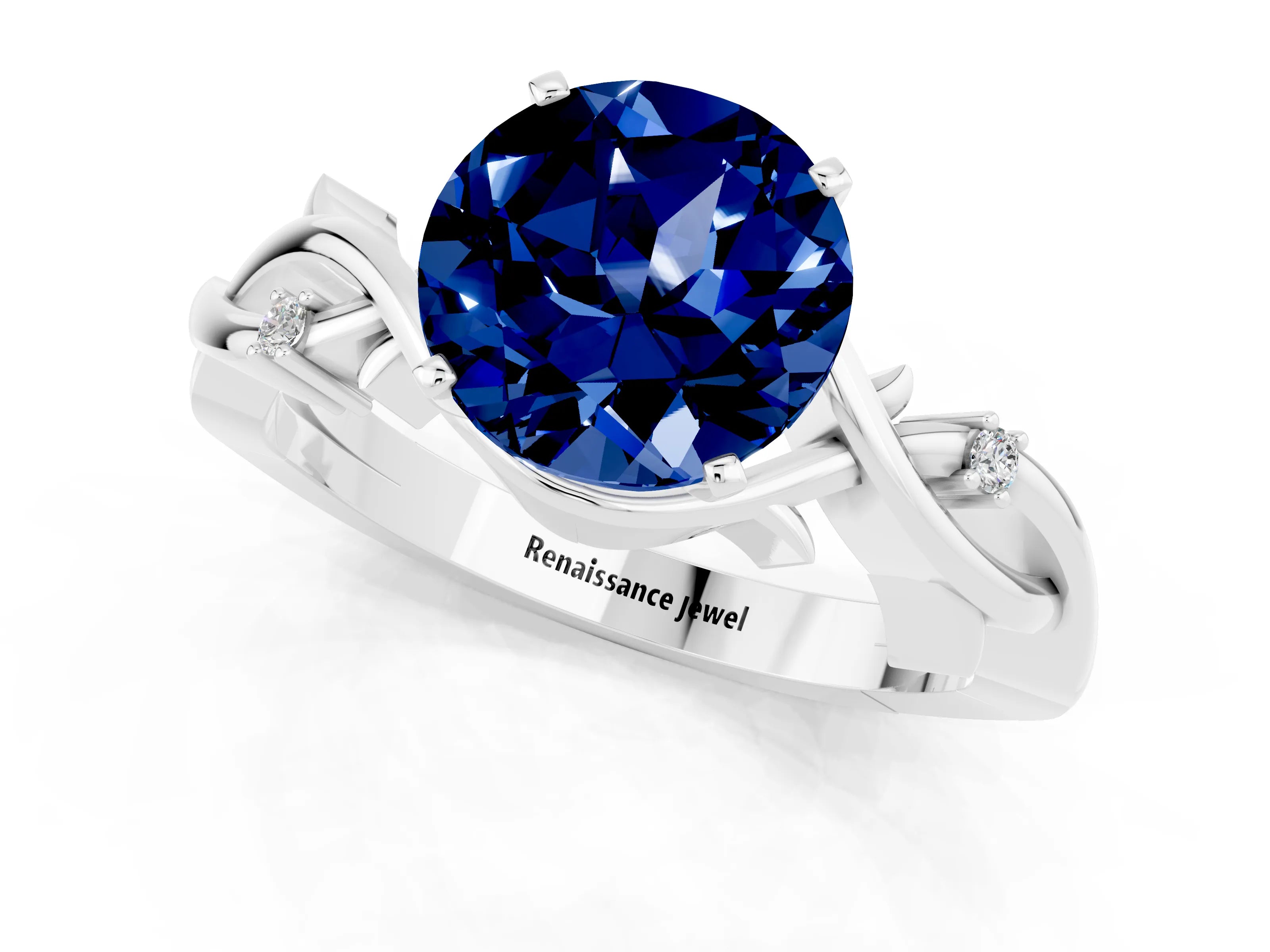 White gold Round Cut Blue Sapphire Solitaire Ring with Twisted Band and Prong Setting_1