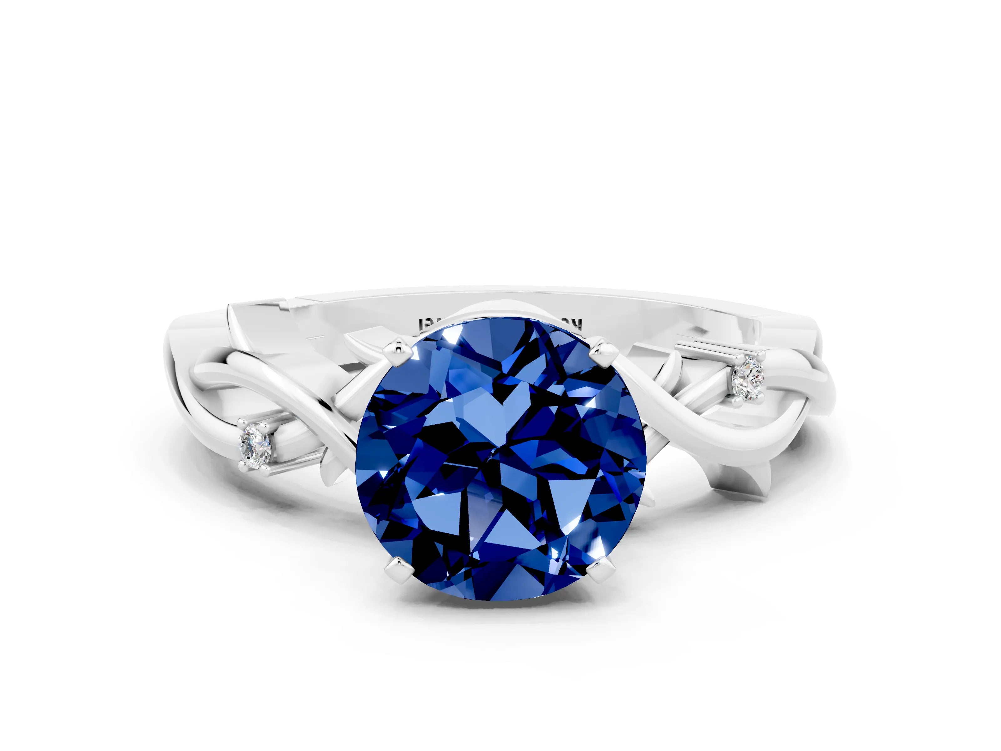 White gold Round Cut Blue Sapphire Solitaire Ring with Twisted Band and Prong Setting_12
