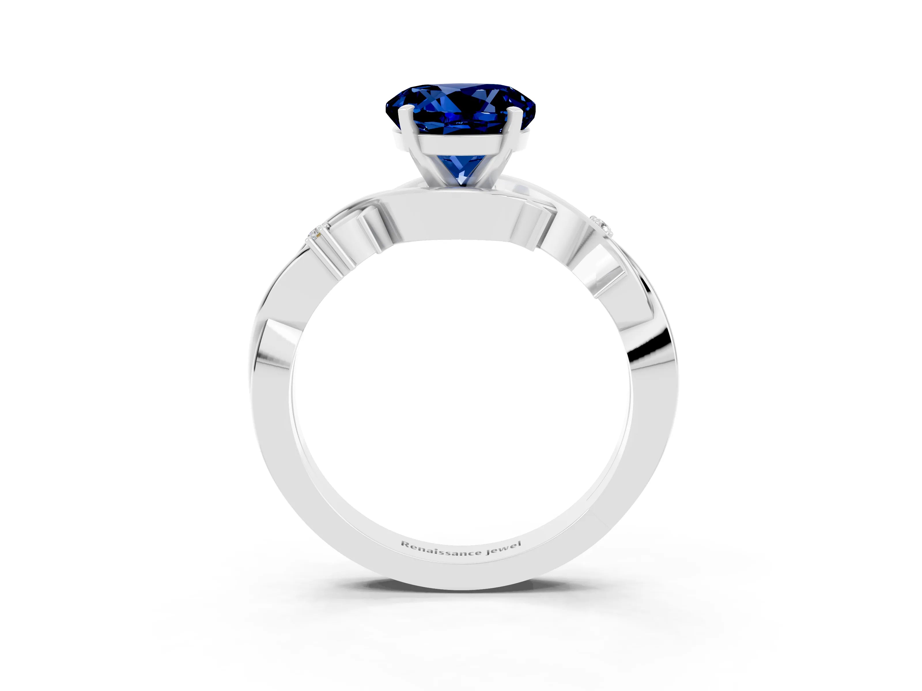 White gold Round Cut Blue Sapphire Solitaire Ring with Twisted Band and Prong Setting_15