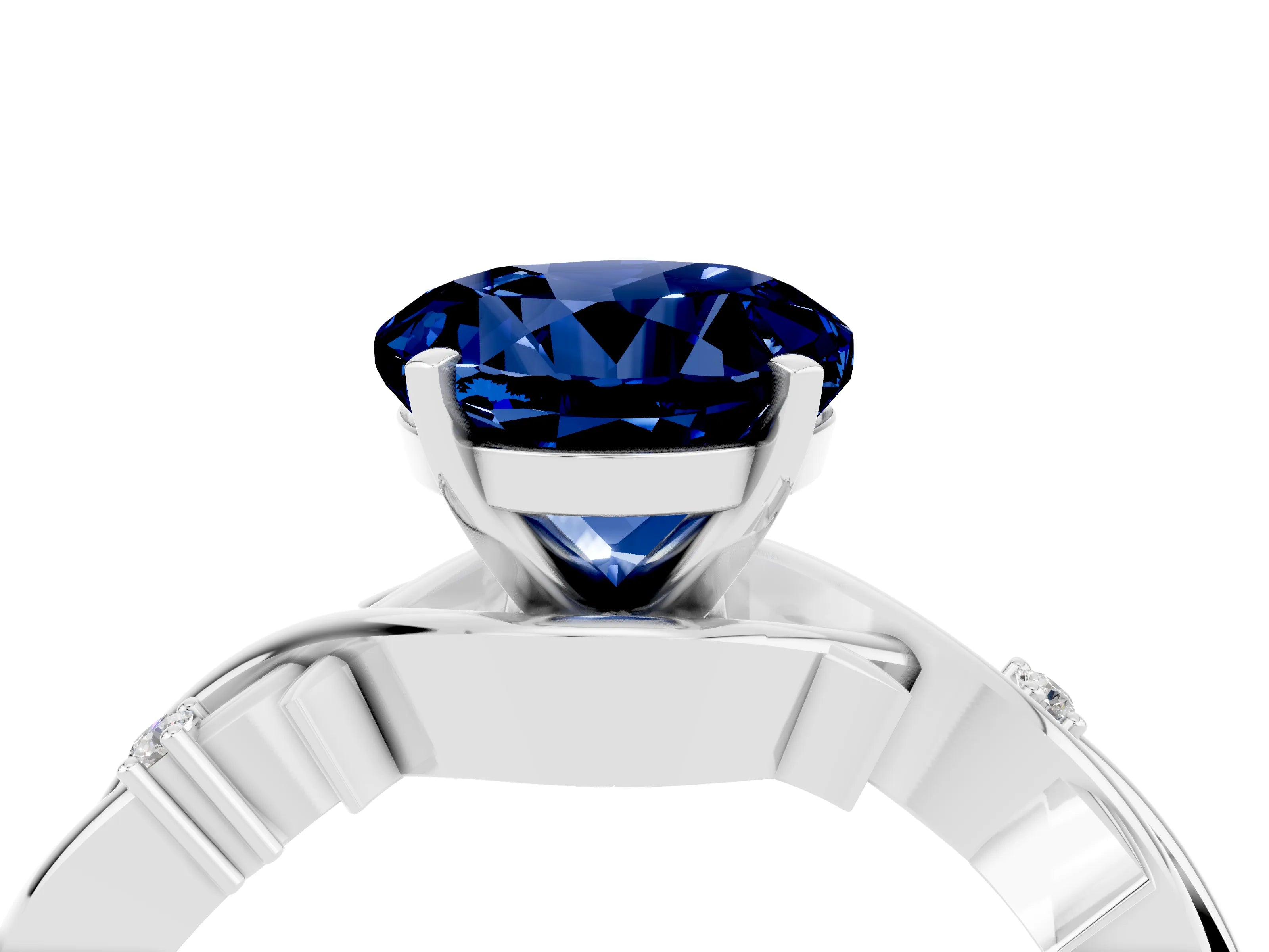 White gold Round Cut Blue Sapphire Solitaire Ring with Twisted Band and Prong Setting_16