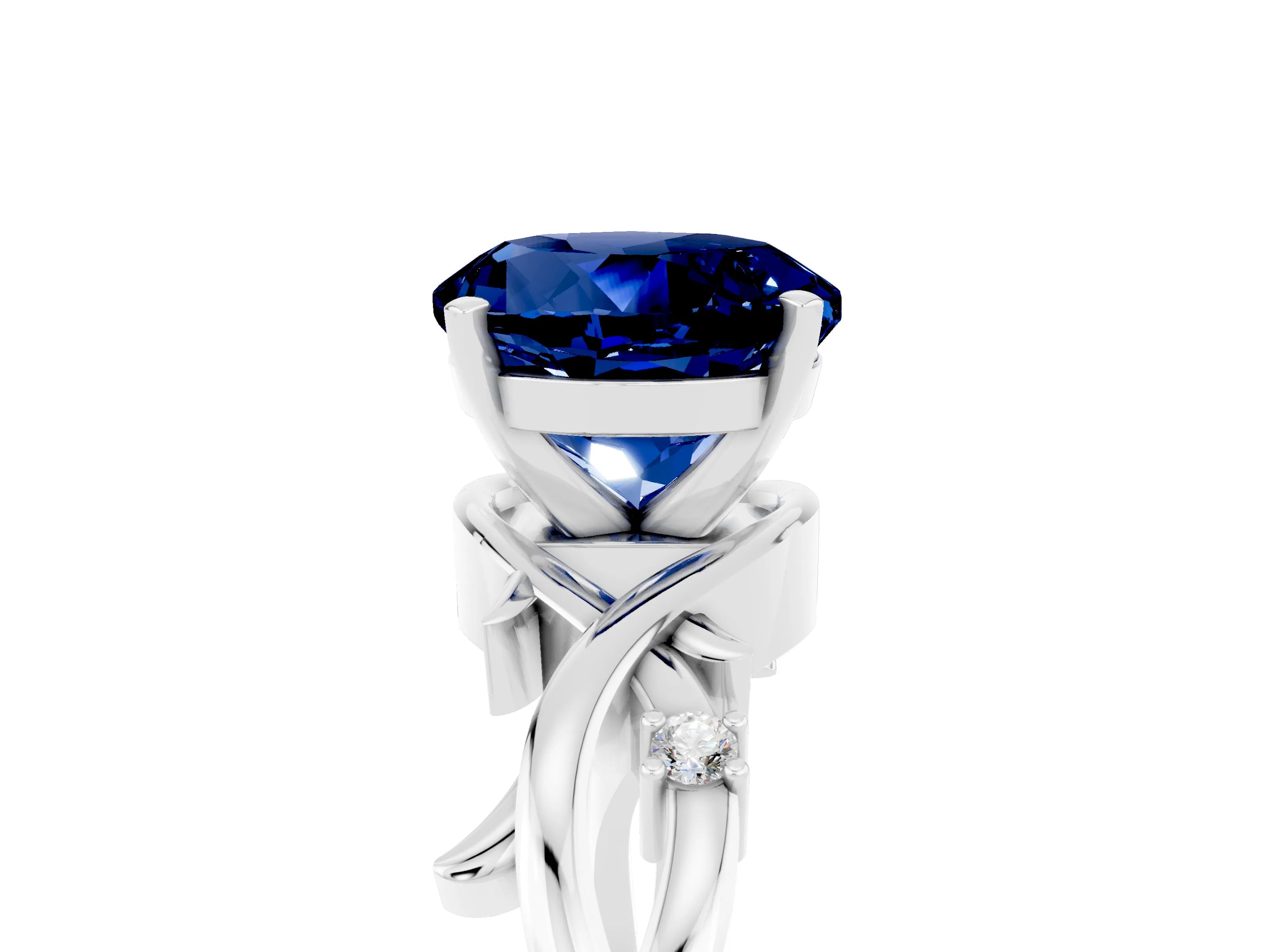 White gold Round Cut Blue Sapphire Solitaire Ring with Twisted Band and Prong Setting_17
