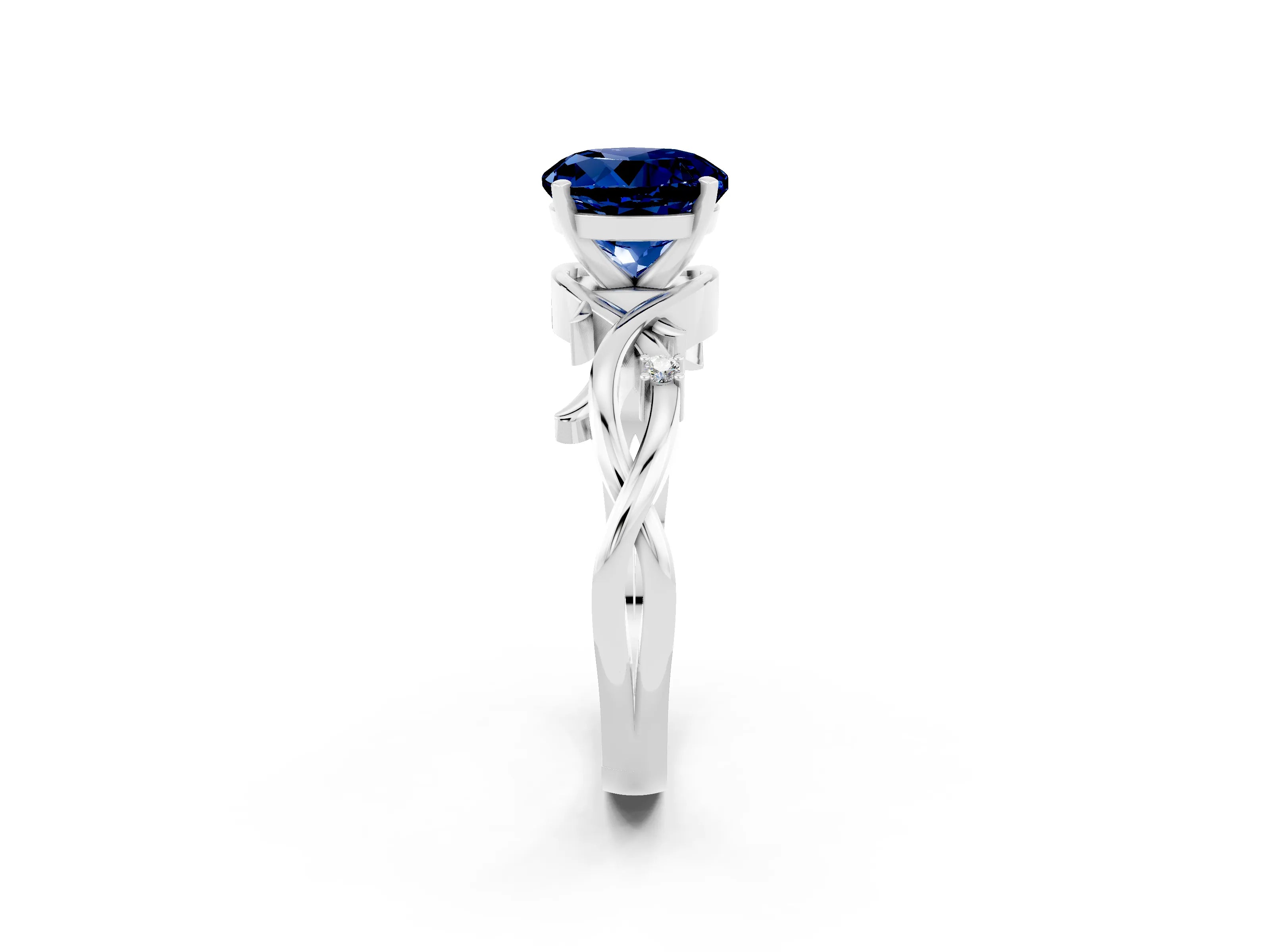 White gold Round Cut Blue Sapphire Solitaire Ring with Twisted Band and Prong Setting_2