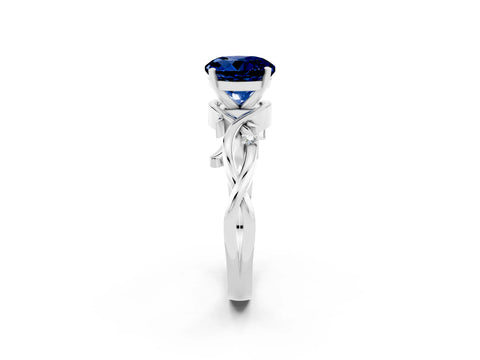 White gold Round Cut Blue Sapphire Solitaire Ring with Twisted Band and Prong Setting_2