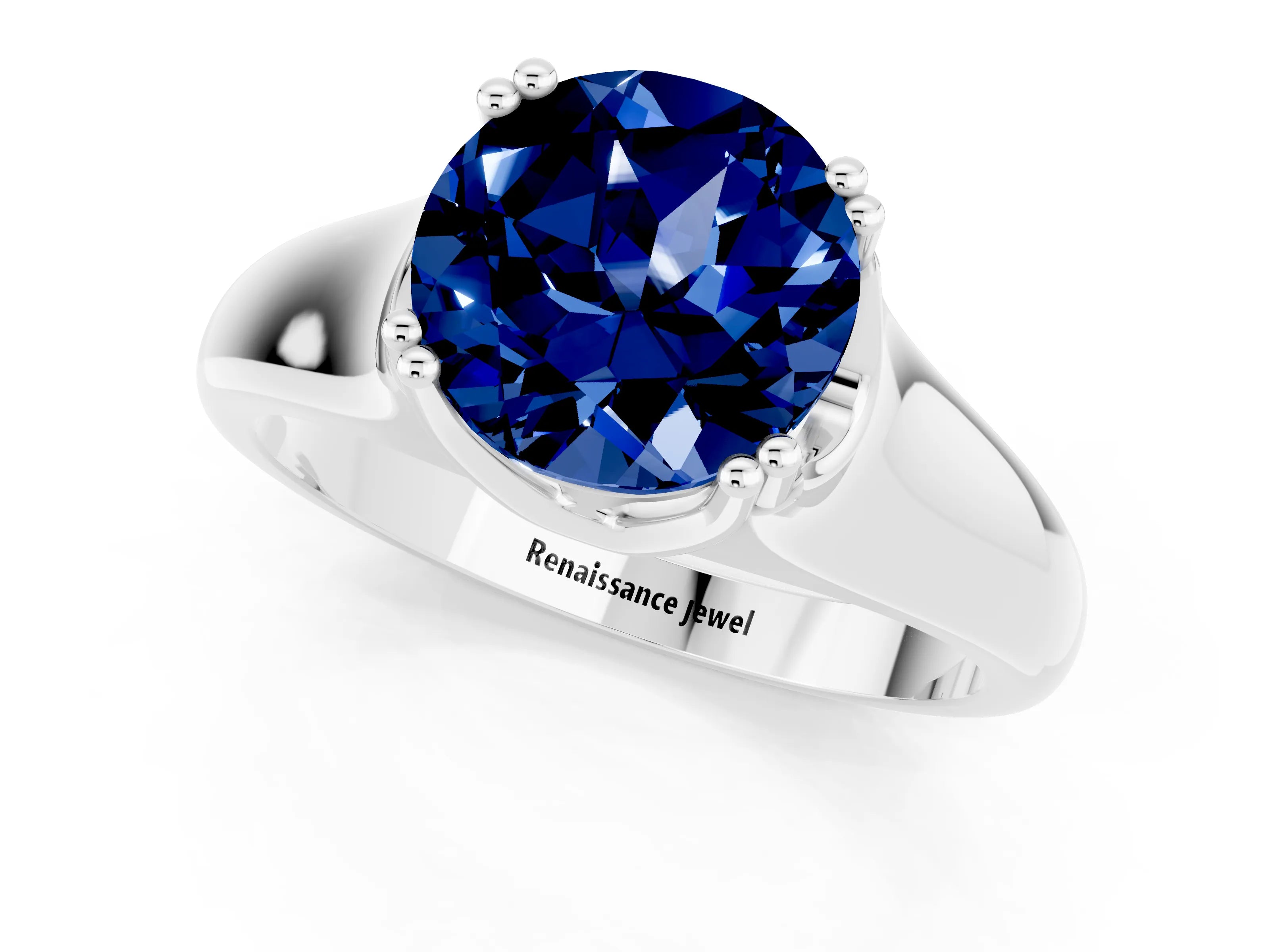 White gold Round Cut Blue Sapphire Solitaire Ring with Wide Band and Prong Setting_1