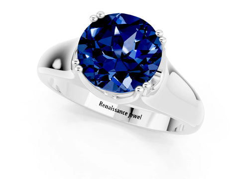 White gold Round Cut Blue Sapphire Solitaire Ring with Wide Band and Prong Setting_1