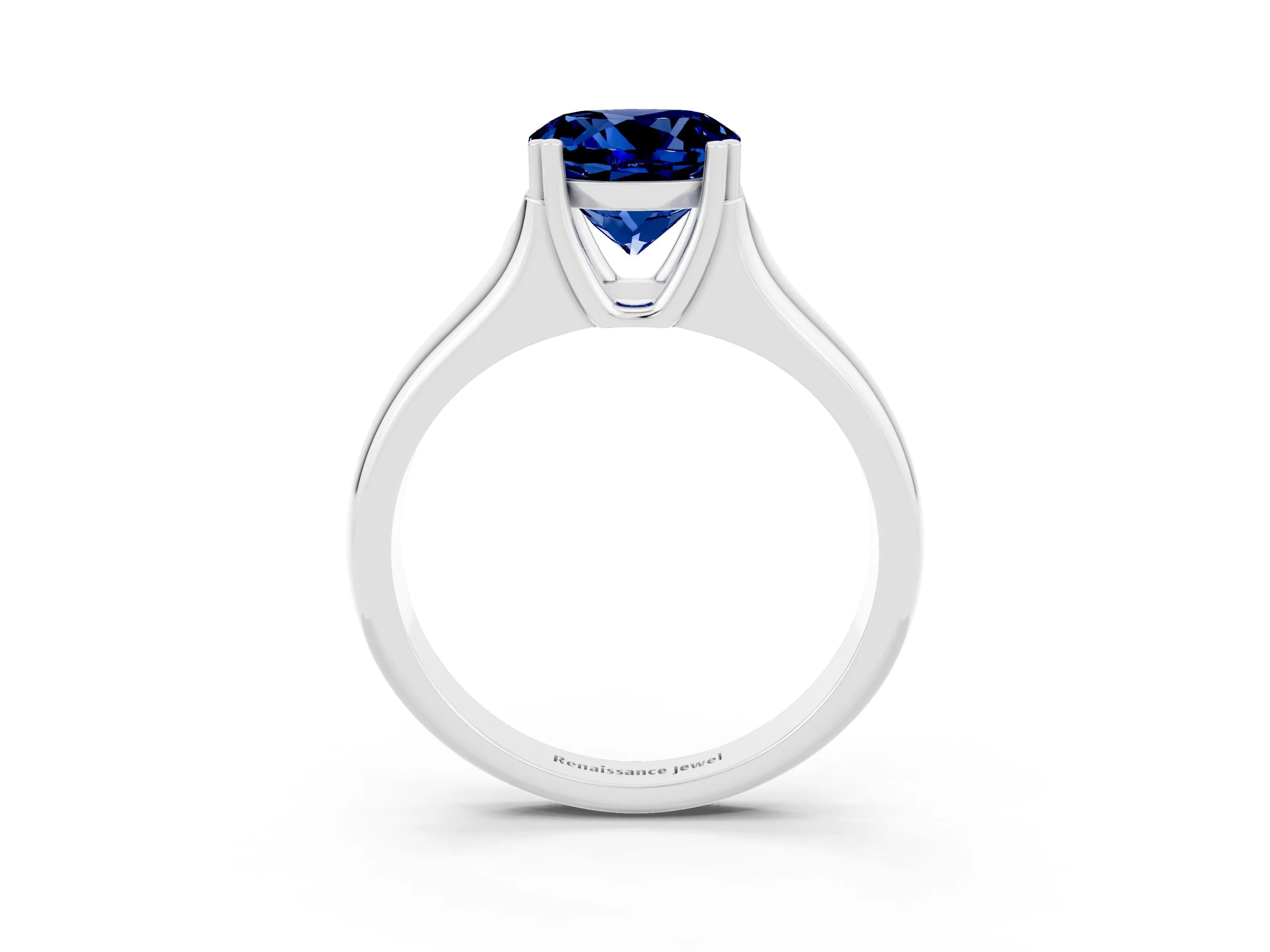 White gold Round Cut Blue Sapphire Solitaire Ring with Wide Band and Prong Setting_3
