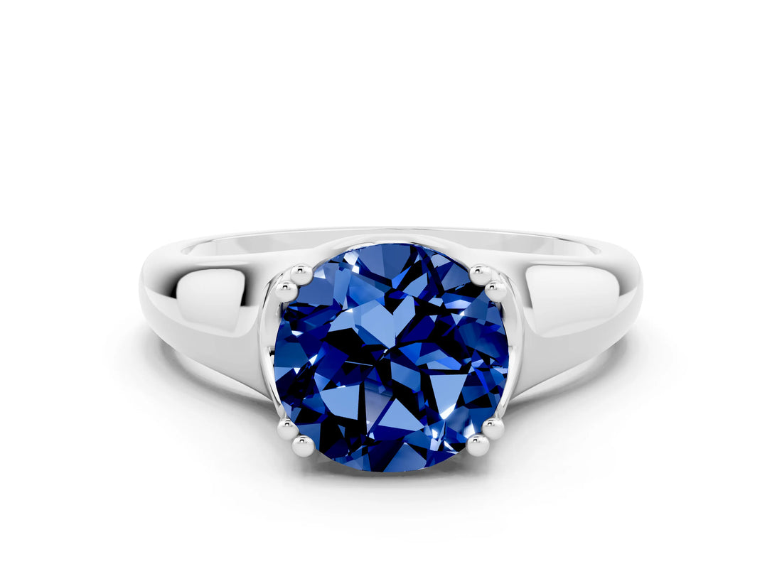 White gold Round Cut Blue Sapphire Solitaire Ring with Wide Band and Prong Setting