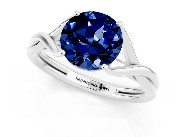 Platinum Round Cut Blue Sapphire Solitaire Twist Band Prong Setting Ring