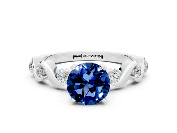 Platinum Round Cut Blue Sapphire Solitaire Twisted Band with Round  Accents and Prong Setting
