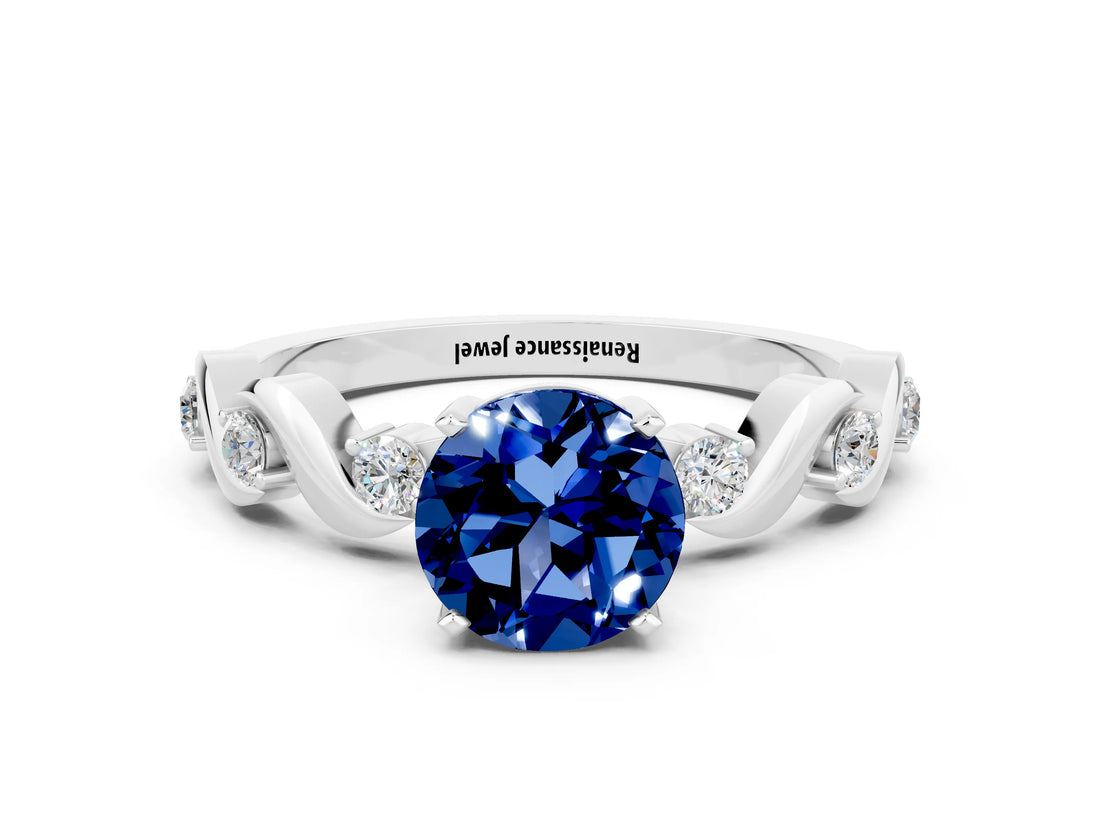White gold Round Cut Blue Sapphire Solitaire Twisted Band with Round  Accents and Prong Setting_12