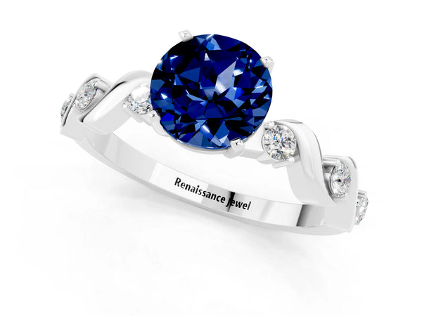 Platinum Round Cut Blue Sapphire Solitaire Twisted Band with Round  Accents and Prong Setting