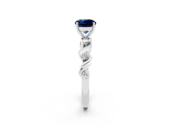 Platinum Round Cut Blue Sapphire Solitaire Twisted Band with Round  Accents and Prong Setting