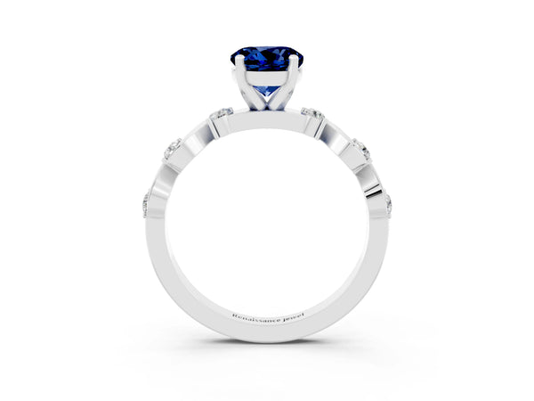 Platinum Round Cut Blue Sapphire Solitaire Twisted Band with Round  Accents and Prong Setting