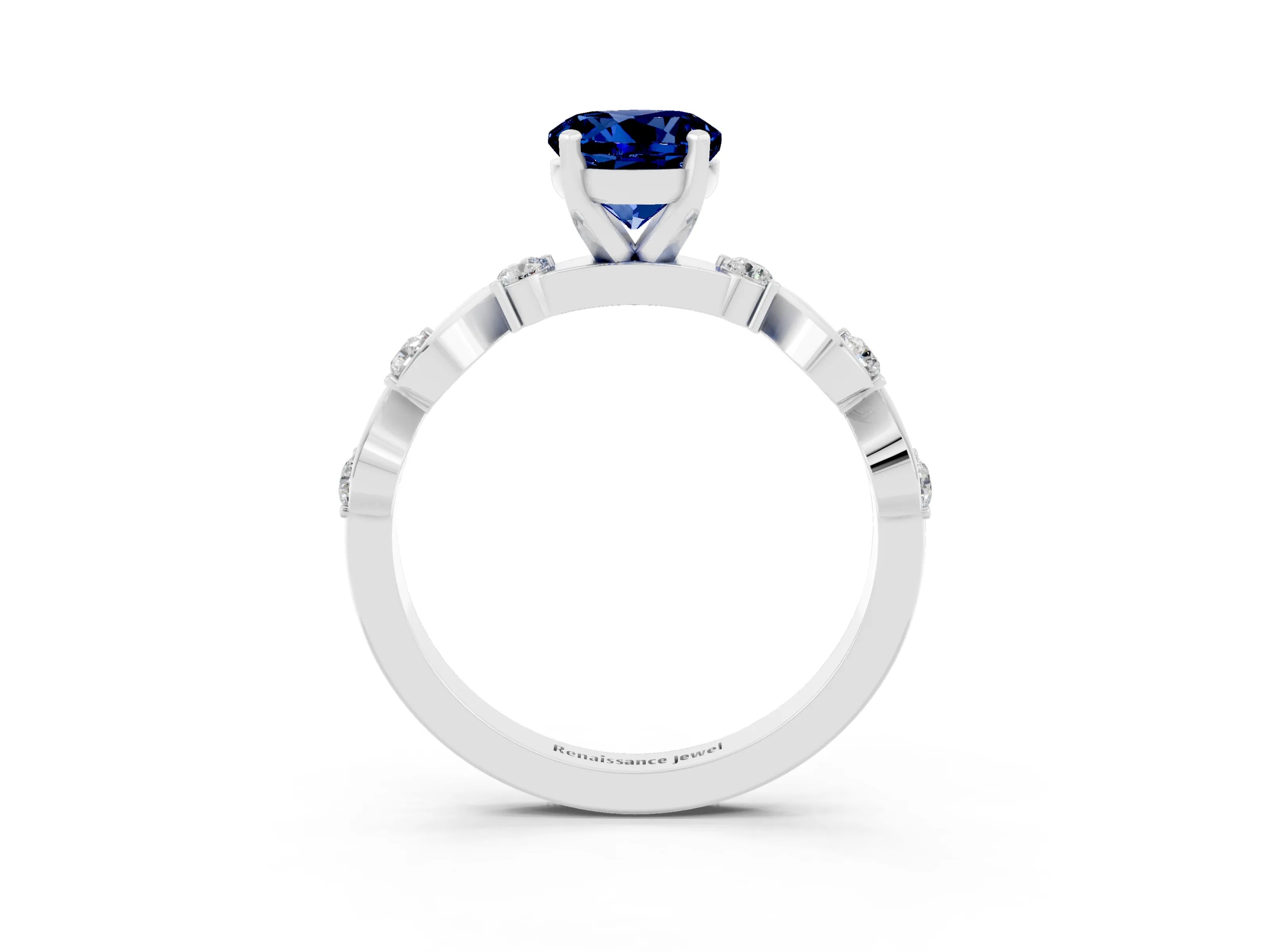 White gold Round Cut Blue Sapphire Solitaire Twisted Band with Round  Accents and Prong Setting_15
