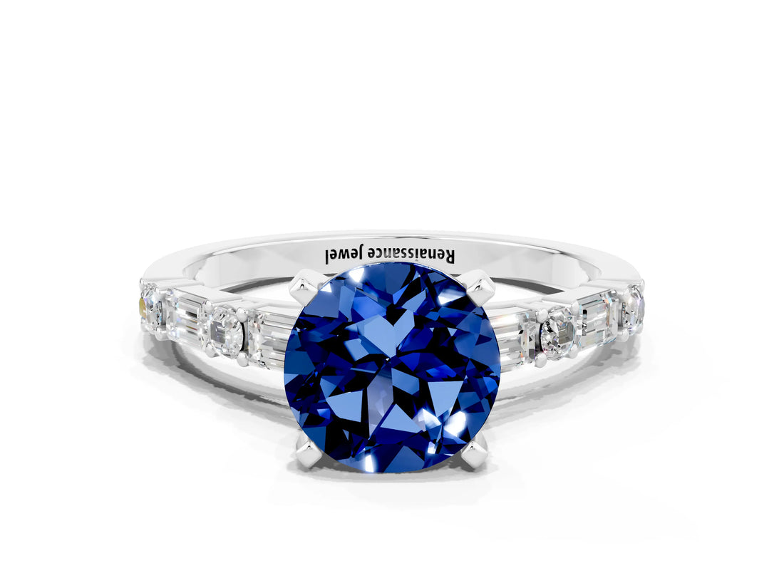 White gold Round Cut Blue Sapphire Solitaire with Side Baguettes and Channel Set Band