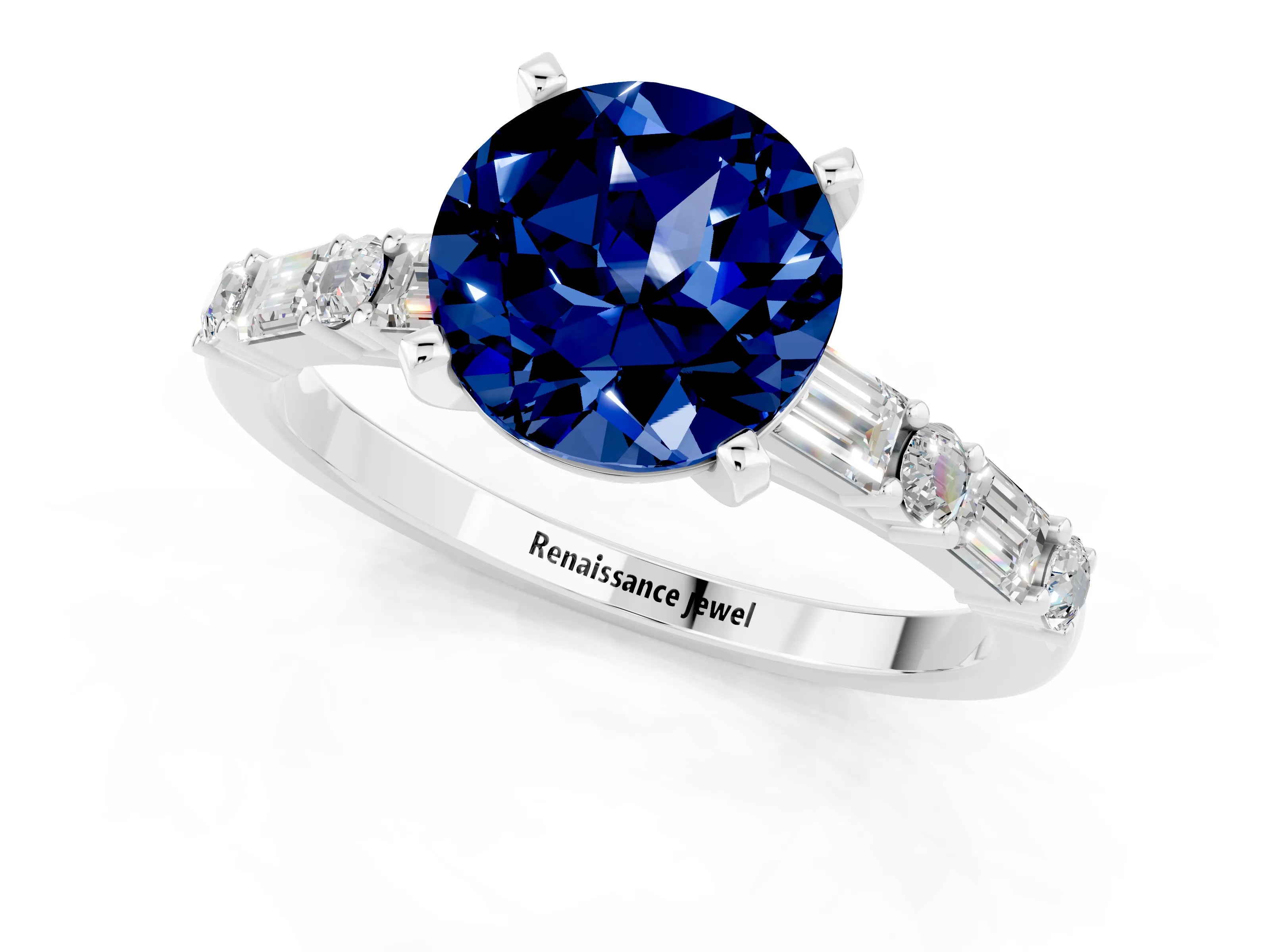 White gold Round Cut Blue Sapphire Solitaire with Side Baguettes and Channel Set Band_1