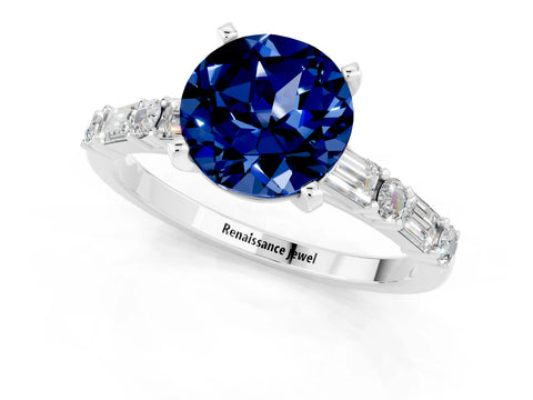 White gold Round Cut Blue Sapphire Solitaire with Side Baguettes and Channel Set Band_1