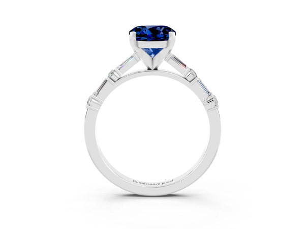 Silver Round Cut Blue Sapphire Solitaire with Side Baguettes and Channel Set Band