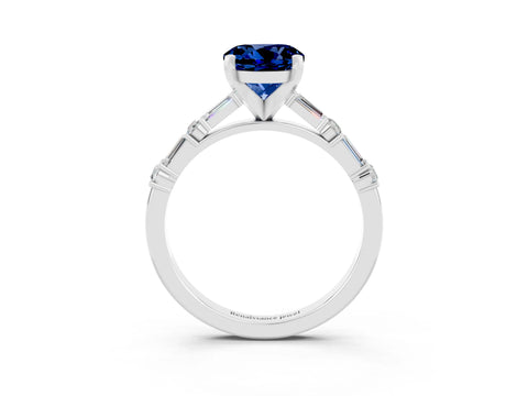 White gold Round Cut Blue Sapphire Solitaire with Side Baguettes and Channel Set Band_3