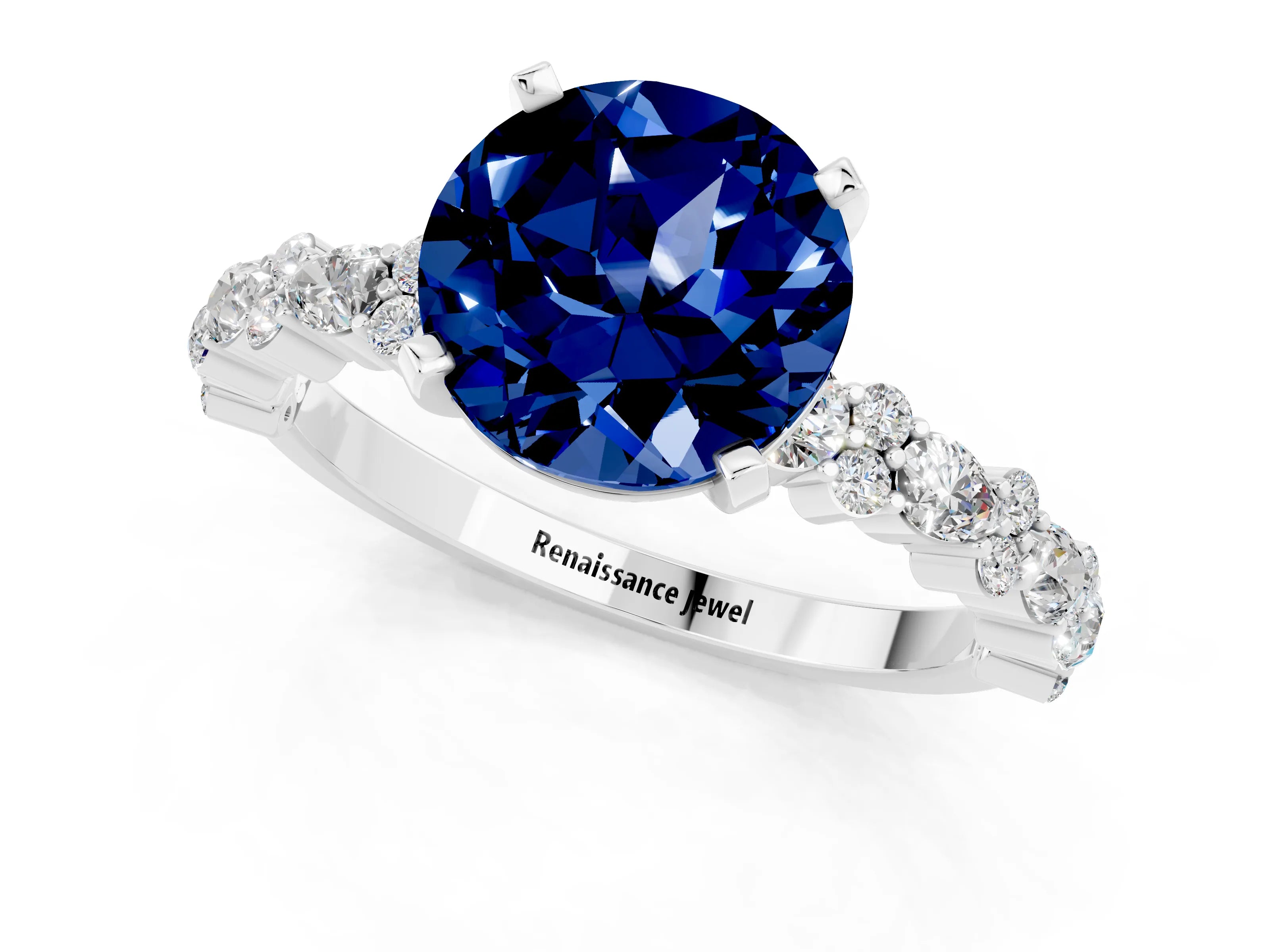White gold Round Cut Blue Sapphire Solitaire with Side Stones, Pave Band, Four-Prong Setting_25