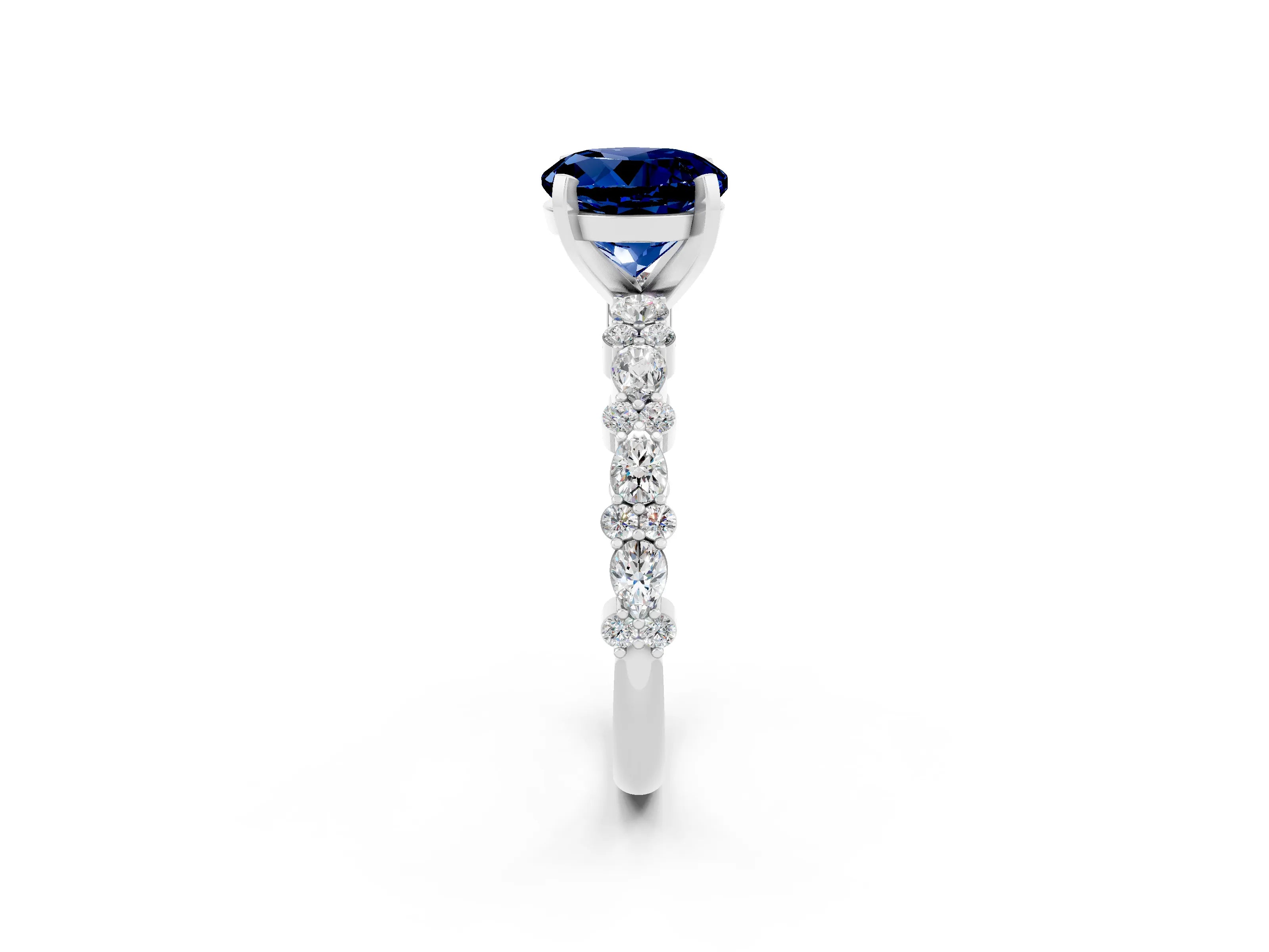 White gold Round Cut Blue Sapphire Solitaire with Side Stones, Pave Band, Four-Prong Setting_26