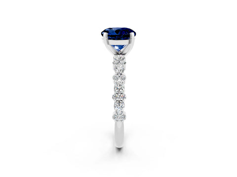 White gold Round Cut Blue Sapphire Solitaire with Side Stones, Pave Band, Four-Prong Setting_26